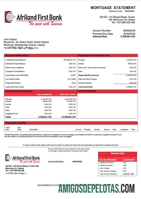realista Libéria Afriland First Bank Libéria Declaração de hipoteca Word e modelo PDF